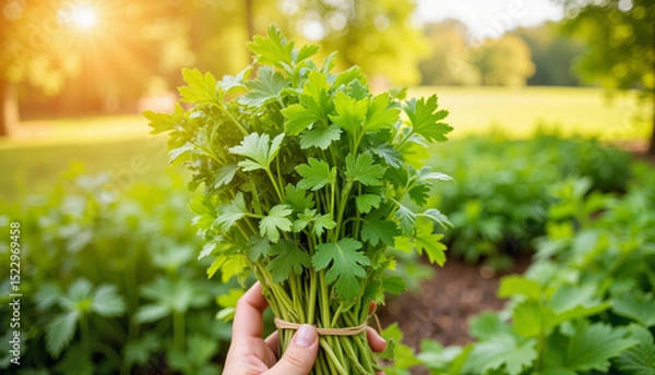 Obraz Freshly harvested parsley held in hand against garden backdrop  