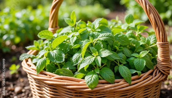 Obraz Fresh mint leaves in a wicker basket on the garden soil  