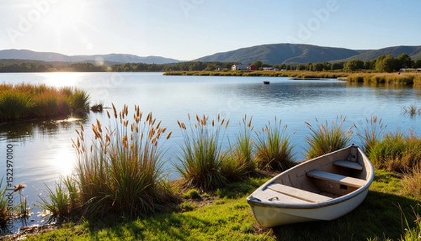 Obraz Cozy small boat resting by a tranquil lake with mountains in background  