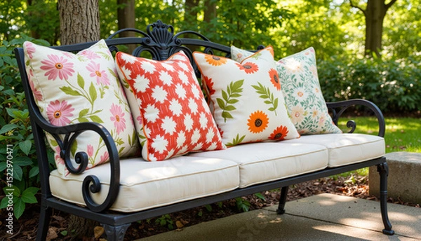 Obraz Outdoor bench with colorful floral cushions in a garden setting  