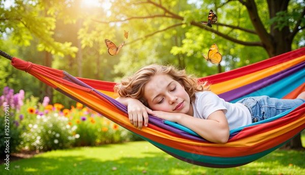 Obraz Young girl relaxing in colorful hammock surrounded by flowers and sunlight  