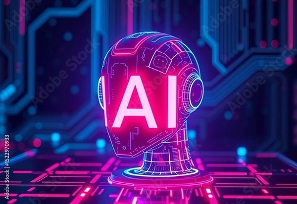 Fototapeta Ai futuristic robot with neon lights technology