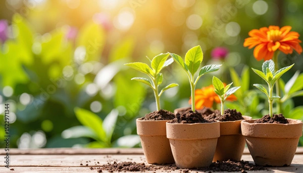 Obraz Fresh green seedlings in terracotta pots on wooden table in garden  