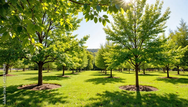Obraz Lush green trees standing in a sunny park during daytime  