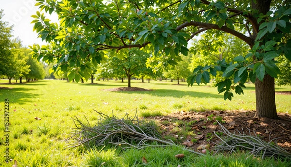 Obraz Lush green park with trees and fallen branches in bright sunlight  
