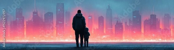 Fototapeta A person and child stand together, gazing at a glowing city skyline in the rain, evoking a sense of wonder and connection.
