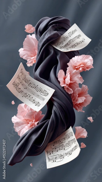 Fototapeta Beautiful composition featuring flowing fabric intertwined with musical sheets and delicate pink flowers, creating harmonious blend of art and nature. scene evokes sense of creativity and elegance