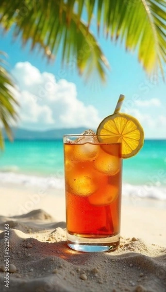 Fototapeta A refreshing glass of amber rum sits on a sun-drenched beach, palm trees swaying gently in the warm breeze, evoking the ultimate summer escape , rum, ocean