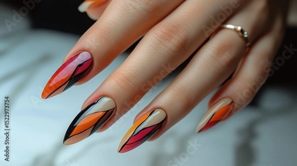 Obraz Nail art design with geometric patterns in orange, pink, and black on long nails