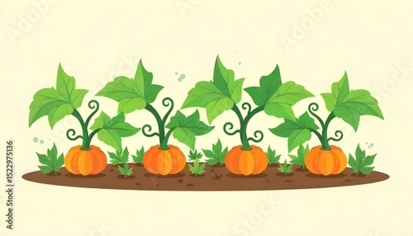 Obraz Flat color icon of a pumpkin vine with leaves and small pumpkins.