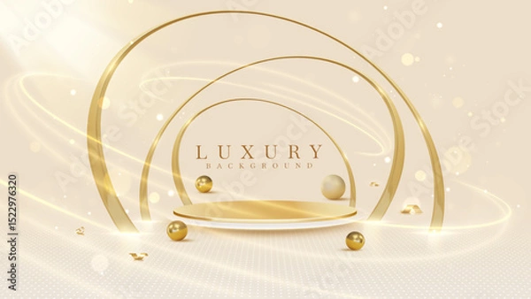 Fototapeta Empty elegant podium golden on cream color background with light neon effects and glow bokeh with gold ball decorations. Luxury scene design concept.