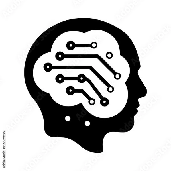 Fototapeta Brain icon with embedded circuit lines in black silhouette style