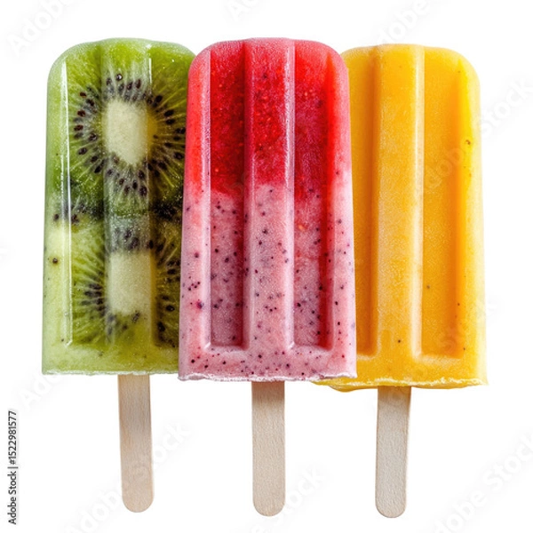 Fototapeta Colorful fruit popsicles with kiwi, strawberry, and mango layers on wooden sticks for a refreshing summer treat transparent background, cutout PNG