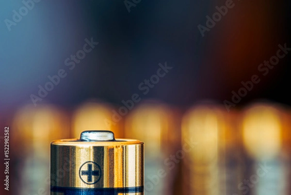 Obraz Close-up of AA alkaline battery standing upright with a blurred industrial background