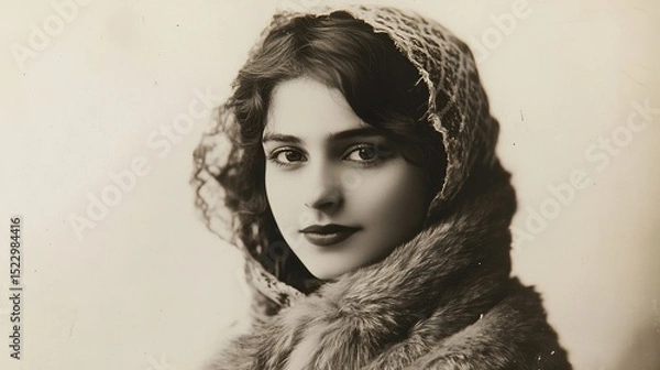 Obraz Vintage photograph of a beautiful young woman wearing a fur shawl and headscarf, facing the camera and looking at the viewer