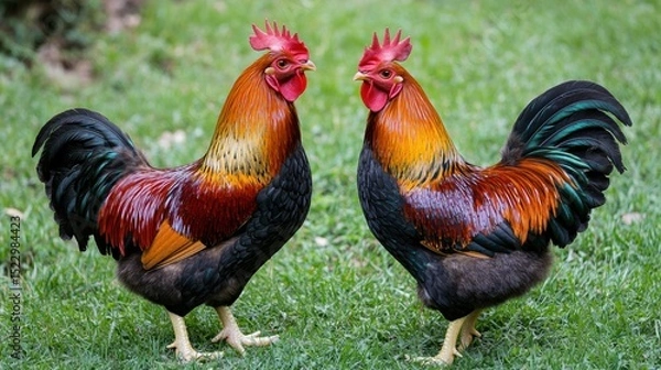 Obraz Two beautiful roosters, full-body shot, standing on the grass in an outdoor setting