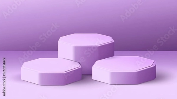 Obraz Three hexagonal podiums on a purple background, empty mockup space in the middle, with a violet color scheme