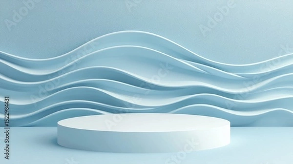 Obraz White podium or pedestal, blue wave background for product presentation