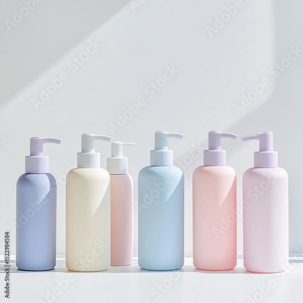 Fototapeta Pastel colored pump bottles arranged in a row on a white surface with shadows
