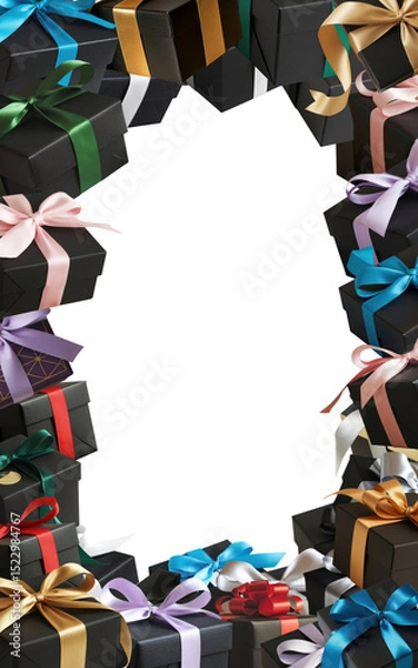 Fototapeta Vertical gift box border with colorful ribbons on transparent background