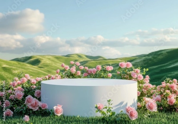 Obraz Natural beauty podium with blooming spring flower field background