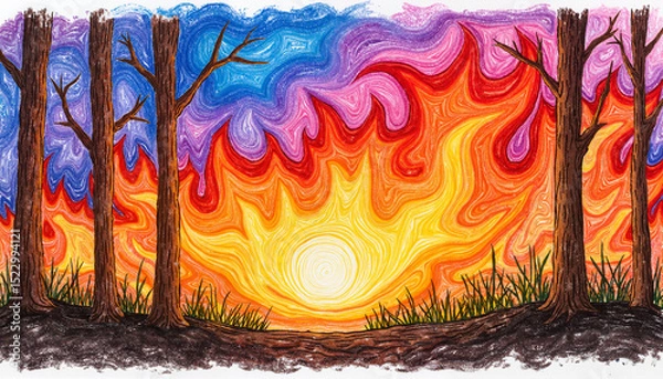 Fototapeta Colorful sunset painting with trees and vibrant swirling colors  