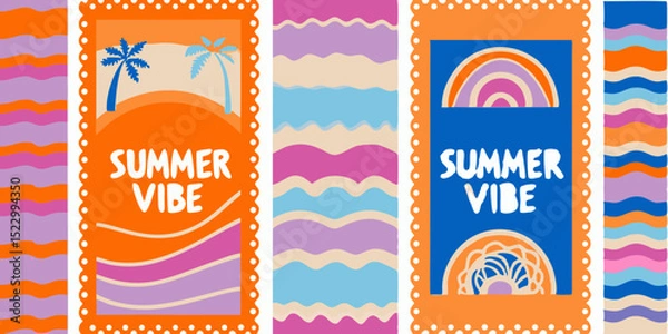 Fototapeta Colorful Summer Vibe Illustrations with Palm Trees Rainbows and Waves Perfect for Summer Themed Designs and Creative Projects with a Fun