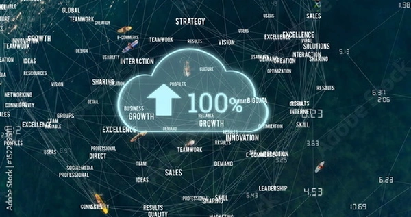Fototapeta Image of cloud with growing number and network of connections with texts over sea with boats