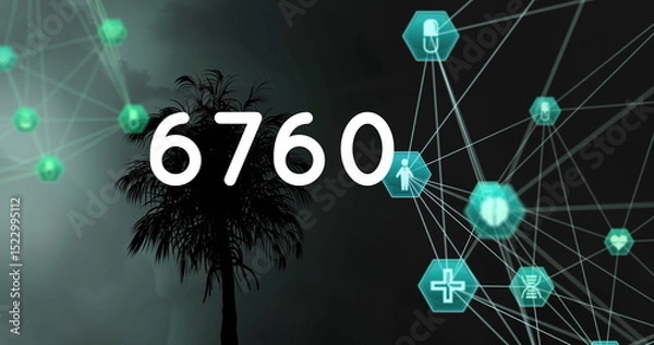 Obraz Image of growing number and globe of connections with icons over palm tree and lightning