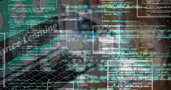 Fototapeta Blending laptop keyboard with code snippets on tech desk, showing world map and node graphics