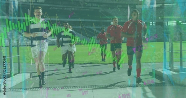 Obraz Image of data processing over diverse rugby players at stadium