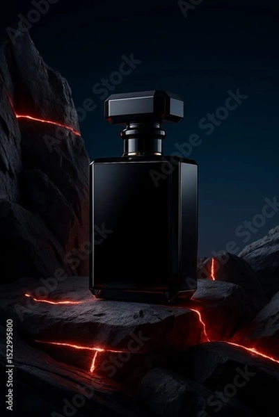Fototapeta Elegant Black Perfume Bottle on Volcanic Rock Setting with Red Glowing Cracks, Luxurious Fragrance Ad