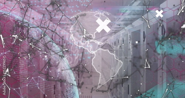 Fototapeta Image of globe, crosses and connections over servers