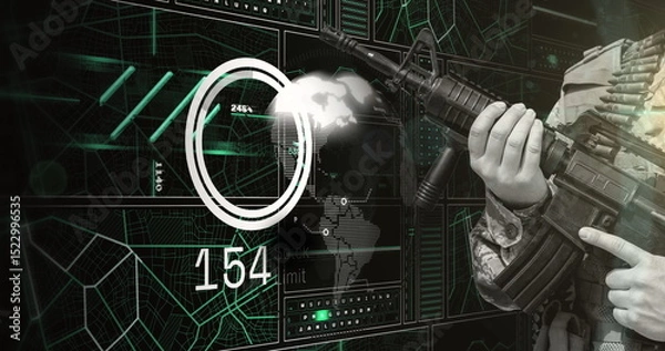 Obraz Image of hand of soldier holding gun over scanner, globe and data processing on interface
