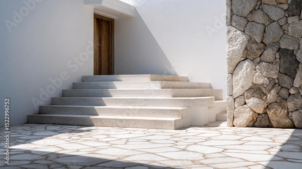 Obraz A view of white stairs leading to a wooden door with a stone wall and tiled floor in bright sunlight