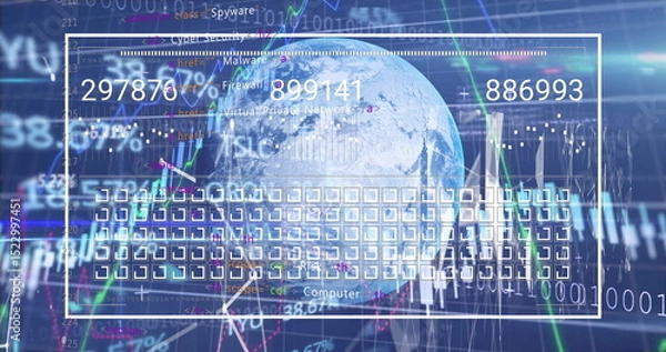 Fototapeta Digital image of interface with squares and numbers moving over globe against programming codes