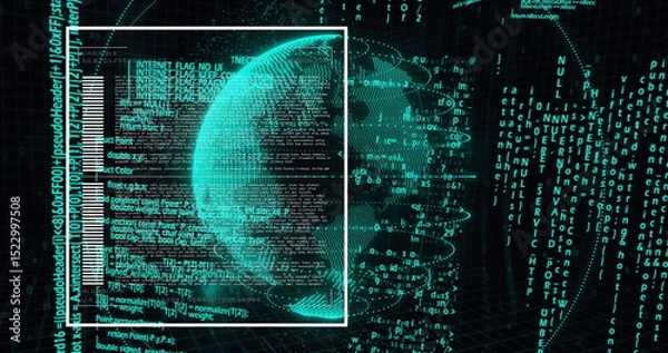 Fototapeta Image of digital globe rotating with moving computer programming language