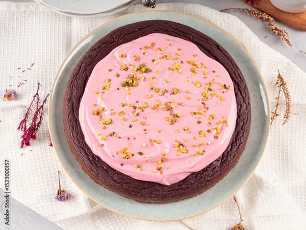 Fototapeta Beetroot chocolate cake with pink cream cheese pistachio icing