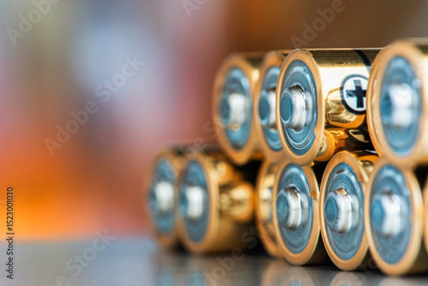 Obraz AA alkaline batteries lying down with a blurred industrial background