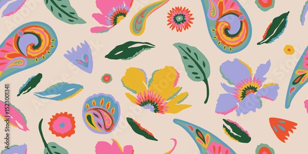 Fototapeta Modern hand drawn paisley with floral pattern. Abstract retro ethnic style. Fashionable vector template for your design. Textile printing, background, wallpaper, home decor. Vector illustration.