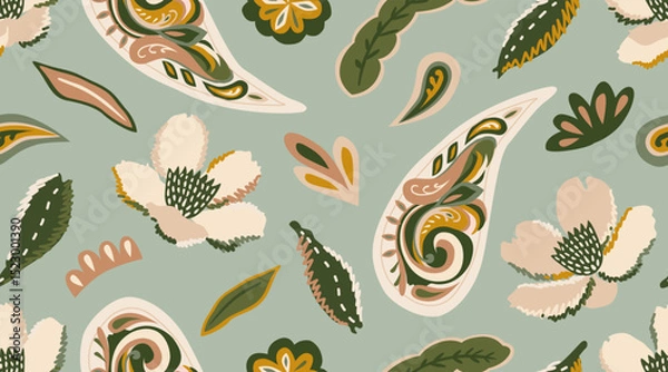 Fototapeta Modern hand drawn paisley with floral pattern. Abstract retro ethnic style. Fashionable vector template for your design. Textile printing, background, wallpaper, home decor. Vector illustration.