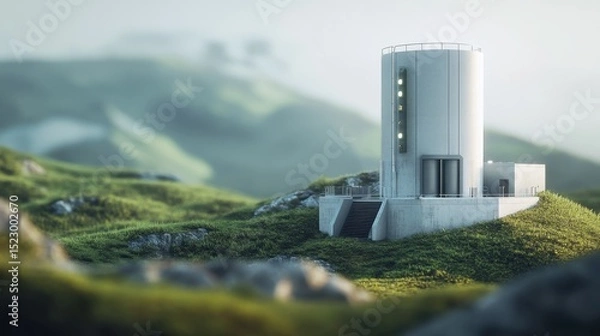 Obraz A futuristic small modular reactor (SMR) installation site, clean minimalistic design, studio lighting emphasizing reactor housing, blurred green landscape