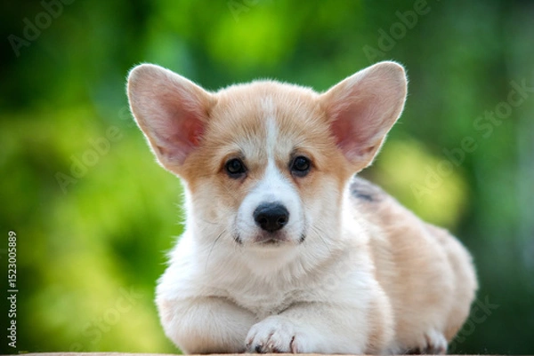 Obraz small welsh corgi pembroke dog on green grass in summer