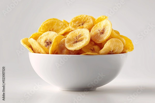 Fototapeta Banana Chips in Bowl: A close-up shot of a bowl filled with crispy, golden banana chips, showcasing their texture and inviting aroma.