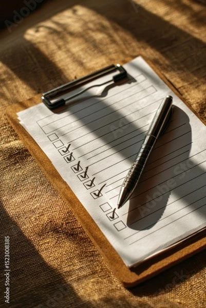 Fototapeta Checklist with items marked using pen in a warm sunlight setting