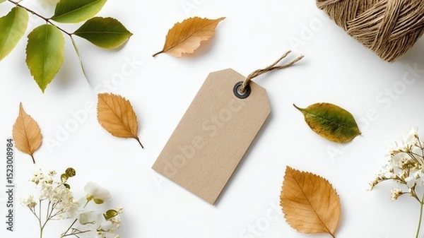 Obraz Flat lay of autumn leaves and a blank tag.