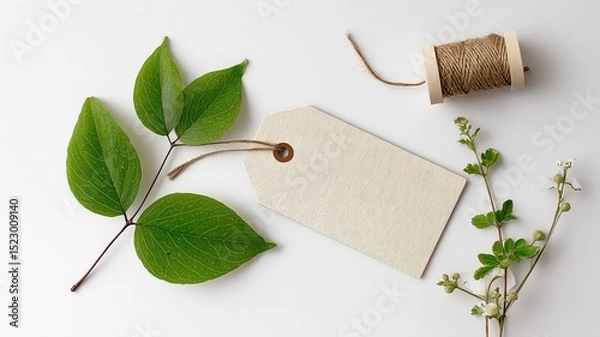 Obraz Green leaves and a blank tag for labeling.