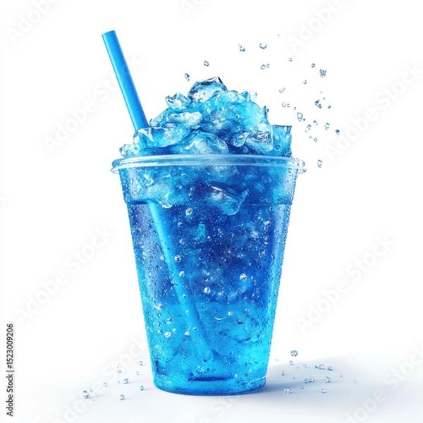 Fototapeta Refreshing blue slushie with ice and straw against a white background perfect summer drink concept fresh beverages