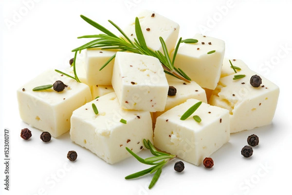 Obraz Cubes of feta cheese with rosemary and peppercorns on white background