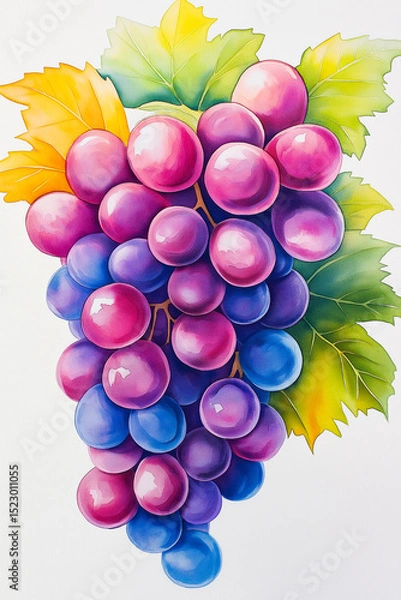 Obraz Bunch of colorful grapes hanging from the vine with green leaves